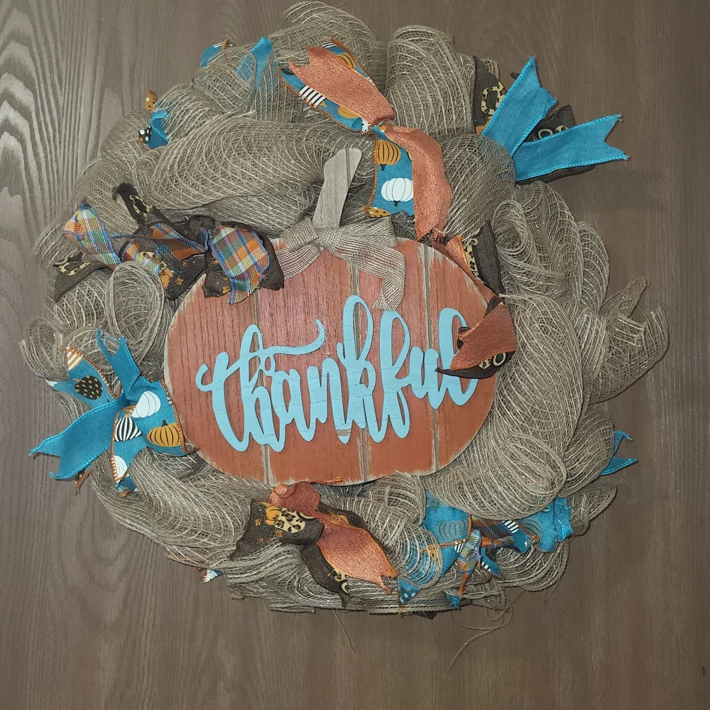 Thankful Wreath with Orange and Blue Accents